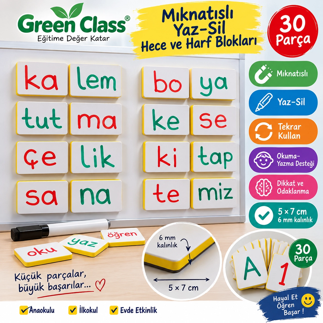 Mıknatıslı Yaz- Sil Hece ve Harf Blokları (30 Adet)