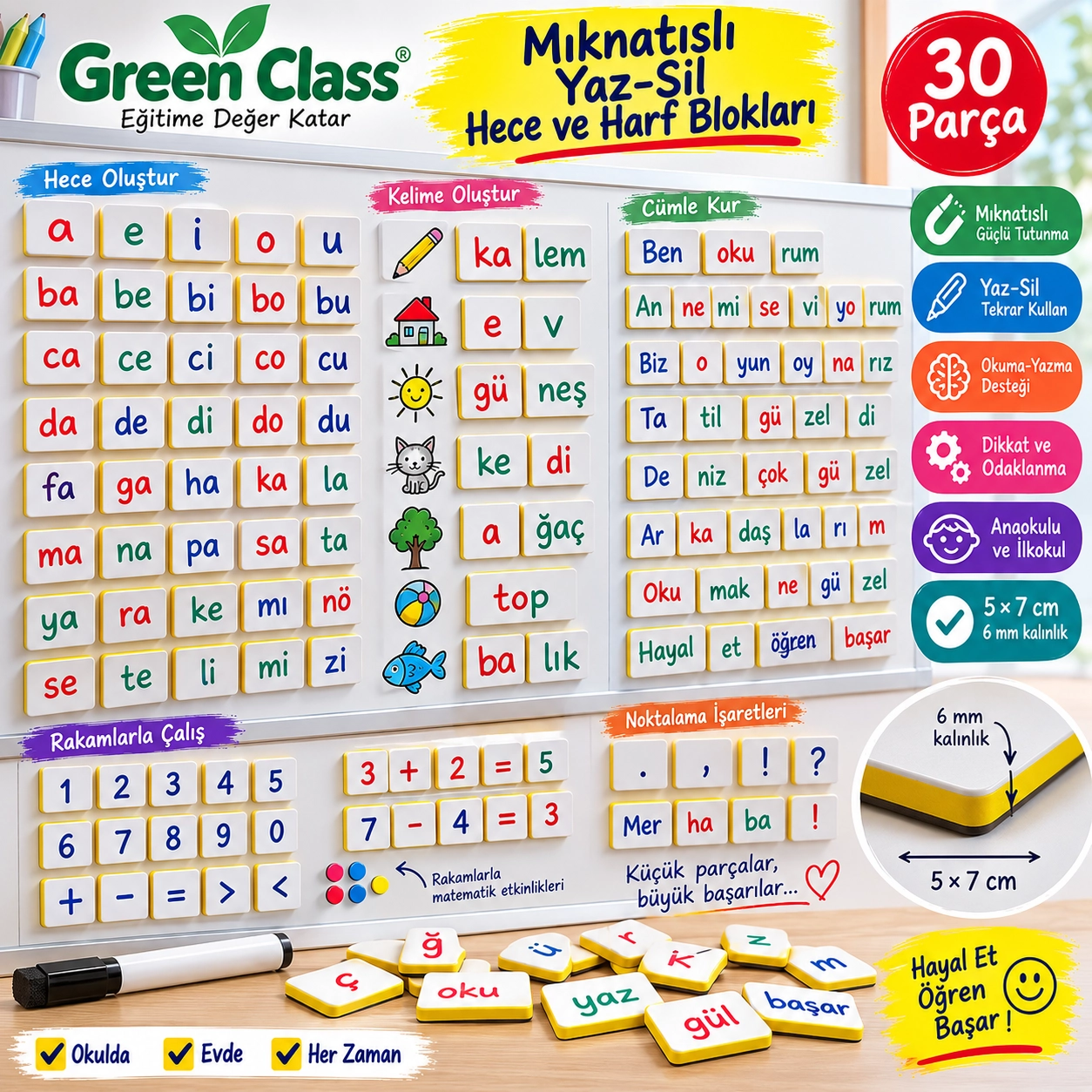 Mıknatıslı Yaz- Sil Hece ve Harf Blokları (30 Adet)
