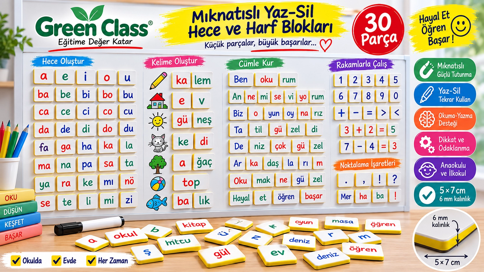 Mıknatıslı Yaz- Sil Hece ve Harf Blokları (30 Adet)