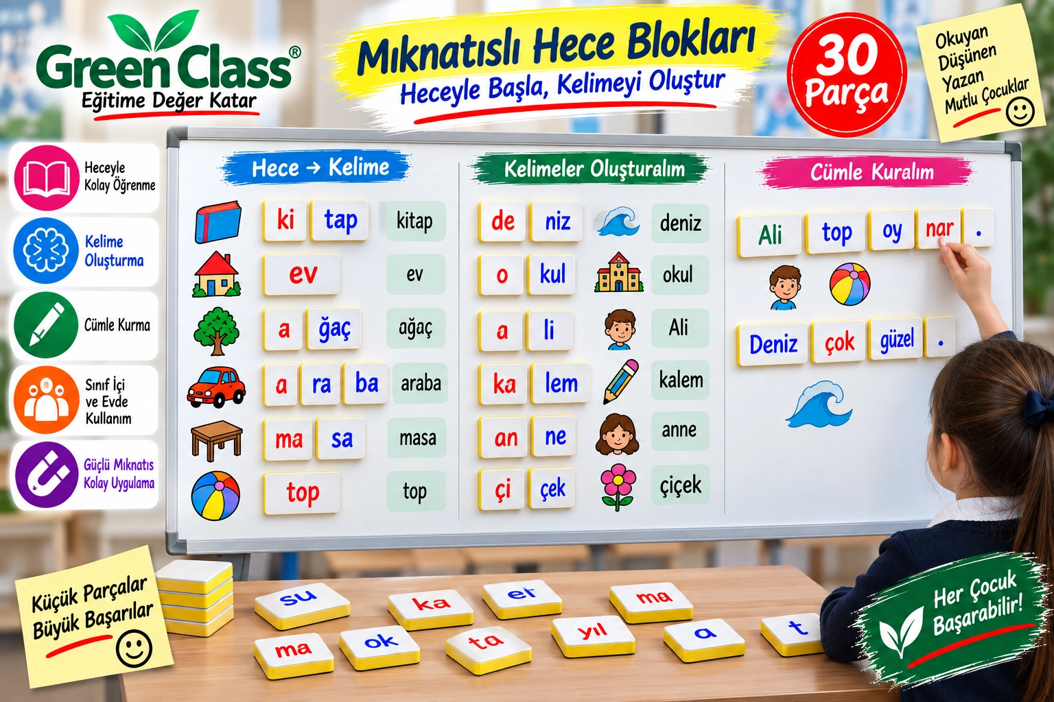 Mıknatıslı Yaz- Sil Hece ve Harf Blokları (30 Adet)