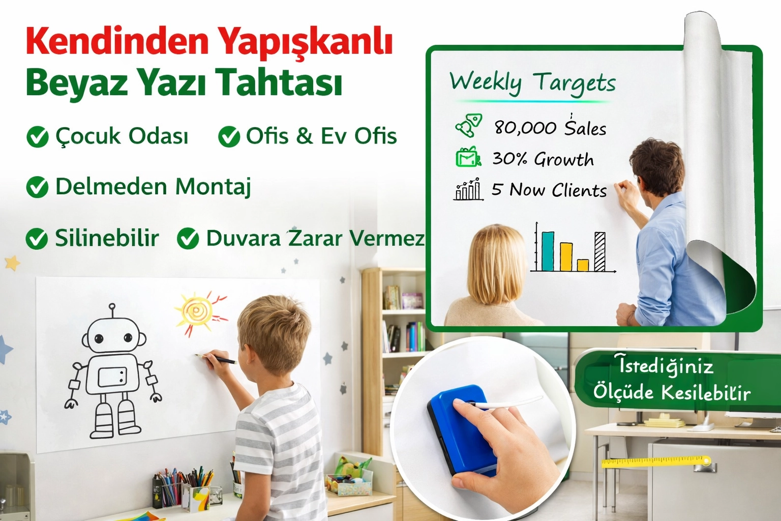 Beyaz Yazı Tahtası folyosu-Kendinden yapışkanlı 