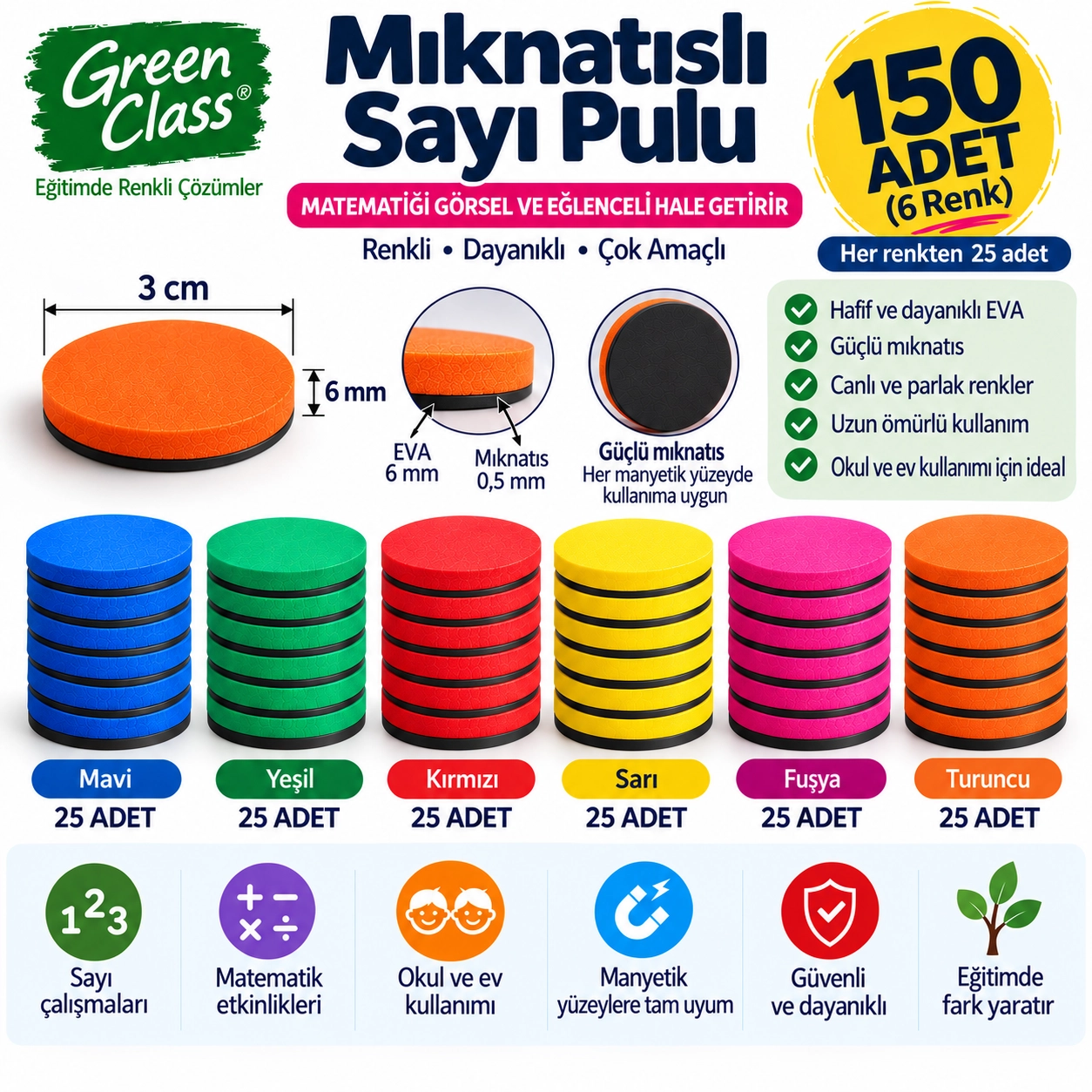 Mıknatıslı Sayı Pulu- 6 Renk 150 Adet