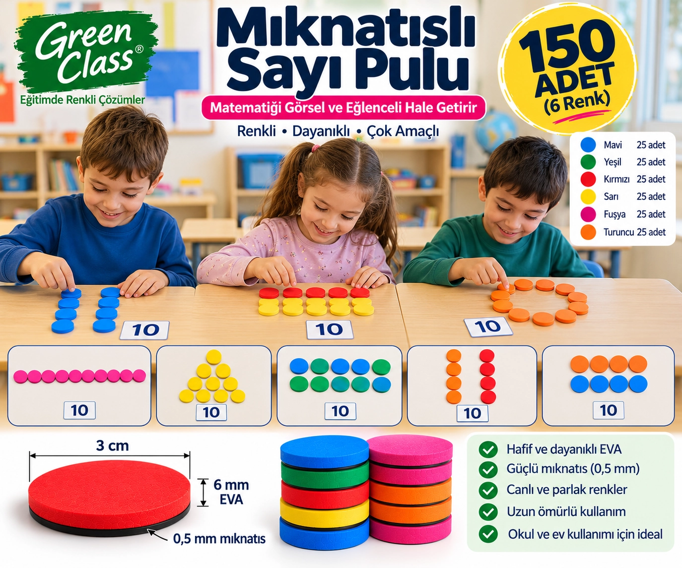 Mıknatıslı Sayı Pulu- 6 Renk 150 Adet